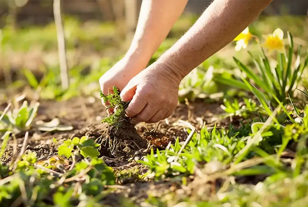 Hände beim Unkrautjäten im Frühjahrsbeet – Beetpflege und Gartenpflege Lüneburg Bloomwerk