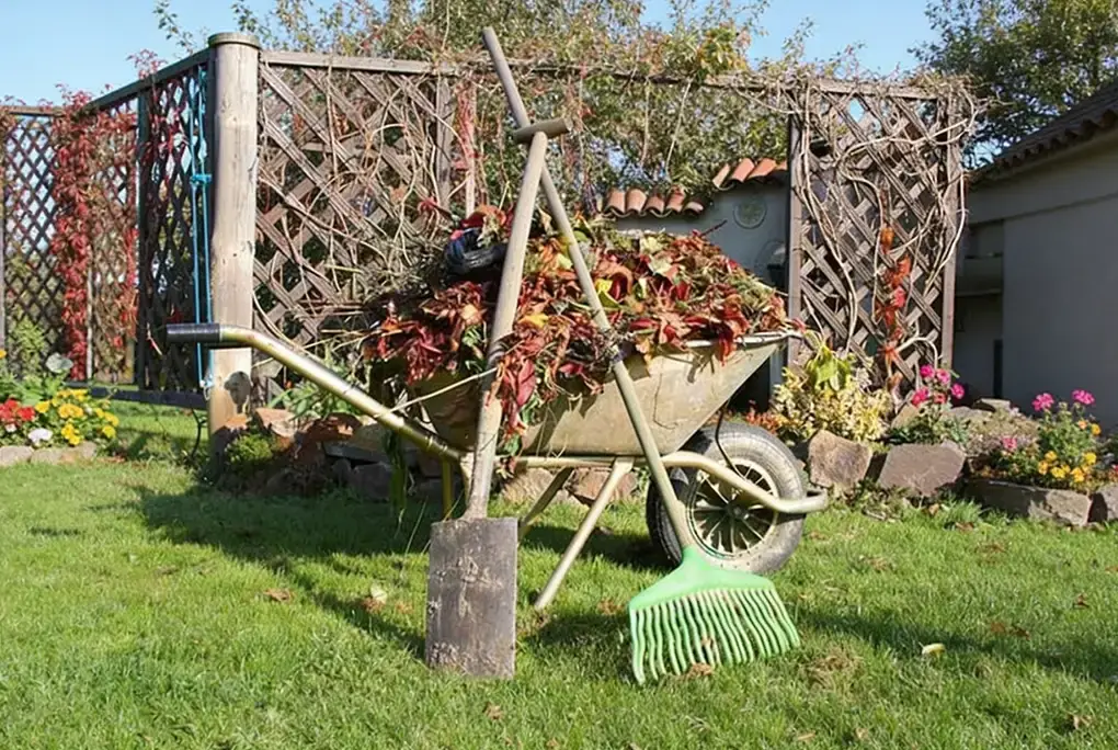 Schubkarre mit Herbstlaub, Spaten und Rechen im Privatgarten – Gartenpflege im Herbst Lüneburg Bloomwerk